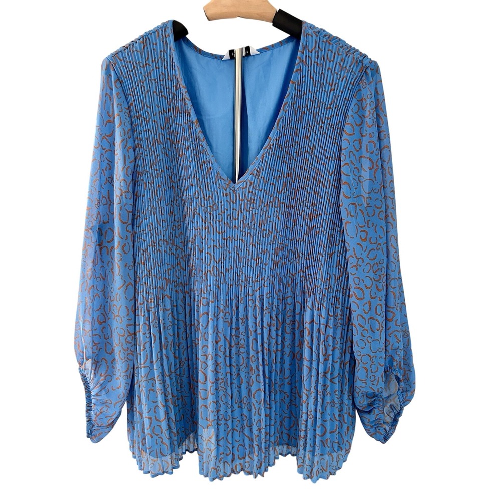 Nine West Womens Blue Balloon Sleeve V-Neck Pleated Blouse Top Size XXL